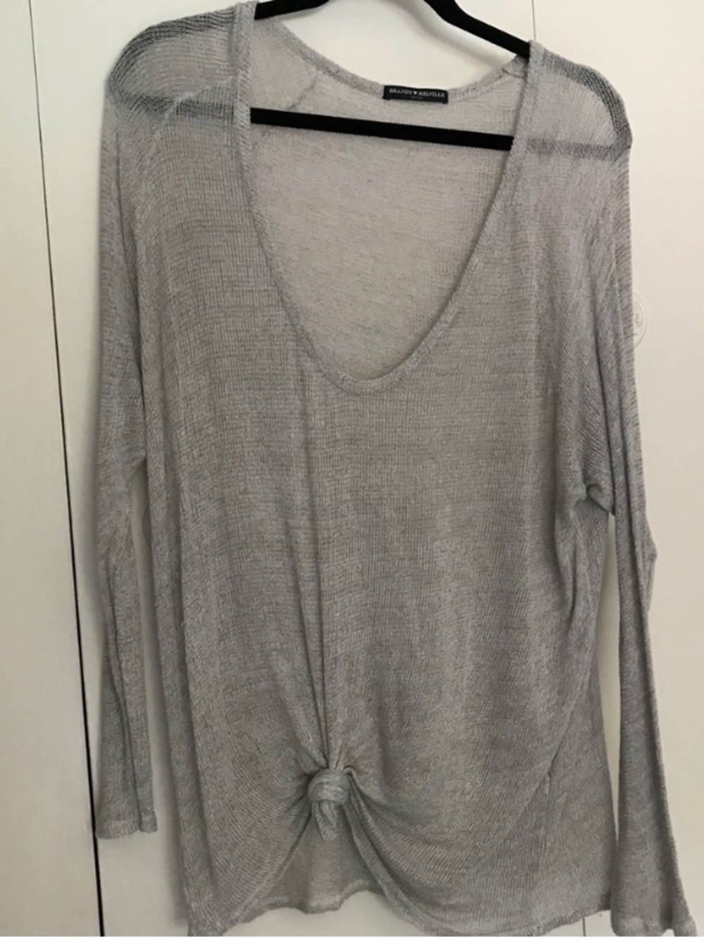 Brandy Melville Light Gray V-Neck Long Sleeve Knit Top with Front Tie
